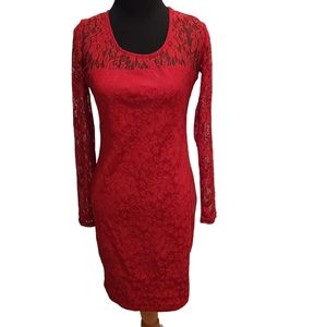 Kardashian Kollection Red Lace Long Sleeve Bodycon Dress Small